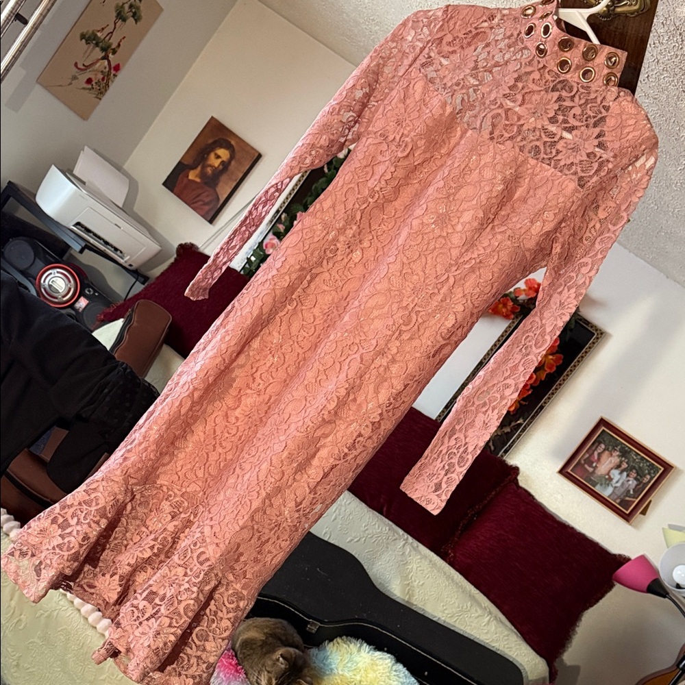Chic Long Sleeve Lace Dress in Coral